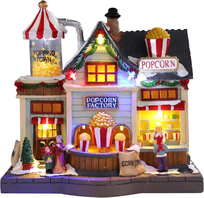 CHONSUN Christmas Village 8.7 Inch Popcorn Shop with LED Lights Resin Village Houses Holiday Music with USB/3AA Batteries Rendering Atmosphere Christmas Decorations - Image 1